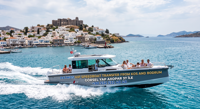 PATMOS VIP HIZLI TEKNE TRANSFERİ KOS VE BODRUM'DAN – Bodrum ve Kos'tan Patmos Adası'na özel Axopar 38 VIP sürat teknesiyle gerçekleştirilen lüks deniz transferi, Ege Denizi'nin turkuaz sularında Patmos manzarası eşliğinde.