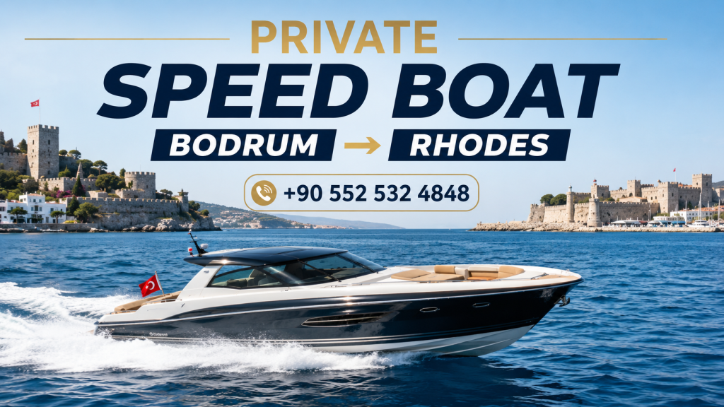 Private speed boat transfer from Bodrum to Rhodes crossing the Aegean Sea with a luxury speedboat, crystal-clear turquoise waters, and the historic coastline in the background. Fast, private, and VIP sea transportation between Turkey and Greece.