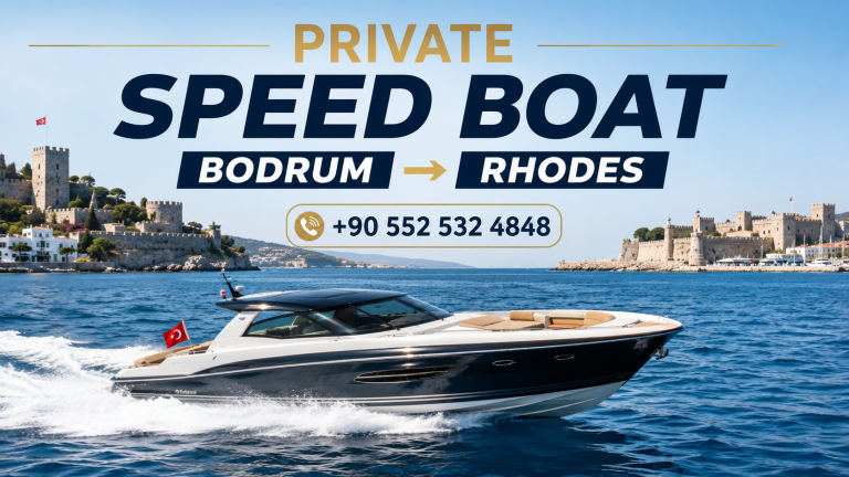 Bodrum'dan Rodos'a özel hızlı tekne transferi yapan lüks sürat teknesi, Ege Denizi'nin turkuaz sularında ilerlerken VIP deniz ulaşımını gösteren görsel.