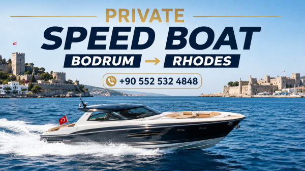 Bodrum'dan Rodos'a özel hızlı tekne transferi yapan lüks sürat teknesi, Ege Denizi'nin turkuaz sularında ilerlerken VIP deniz ulaşımını gösteren görsel.