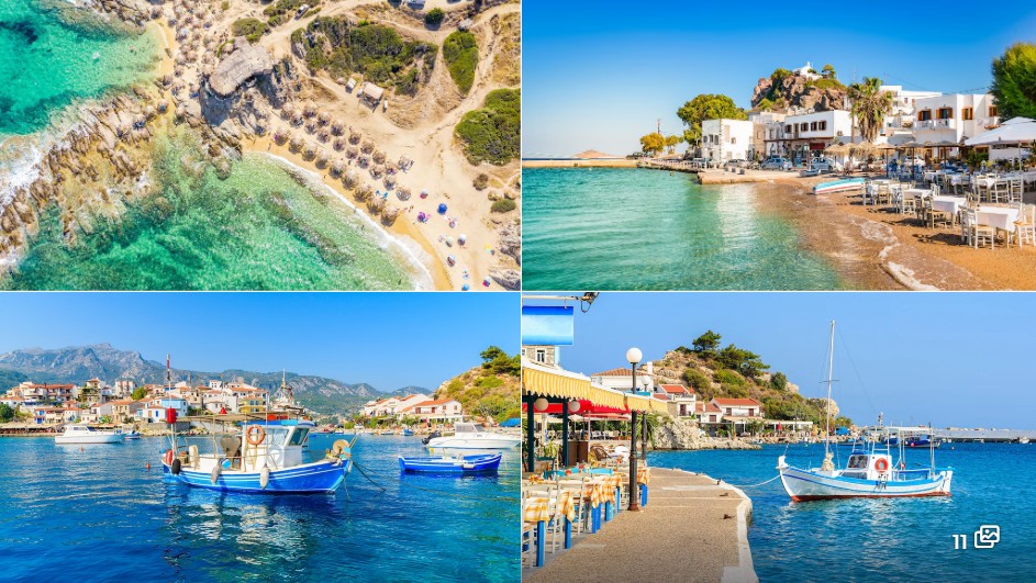 Visitors exploring Patmos Island, including the Monastery of Saint John, the Cave of the Apocalypse, traditional Chora streets, and crystal-clear Aegean beaches under a sunny Mediterranean sky.
