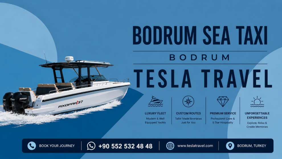 Tesla Travel Bodrum Sea Taxi providing luxury private speed boat and VIP sea transfer services between Bodrum marinas, beach clubs, resorts, and Greek Islands with modern boats and professional crew.